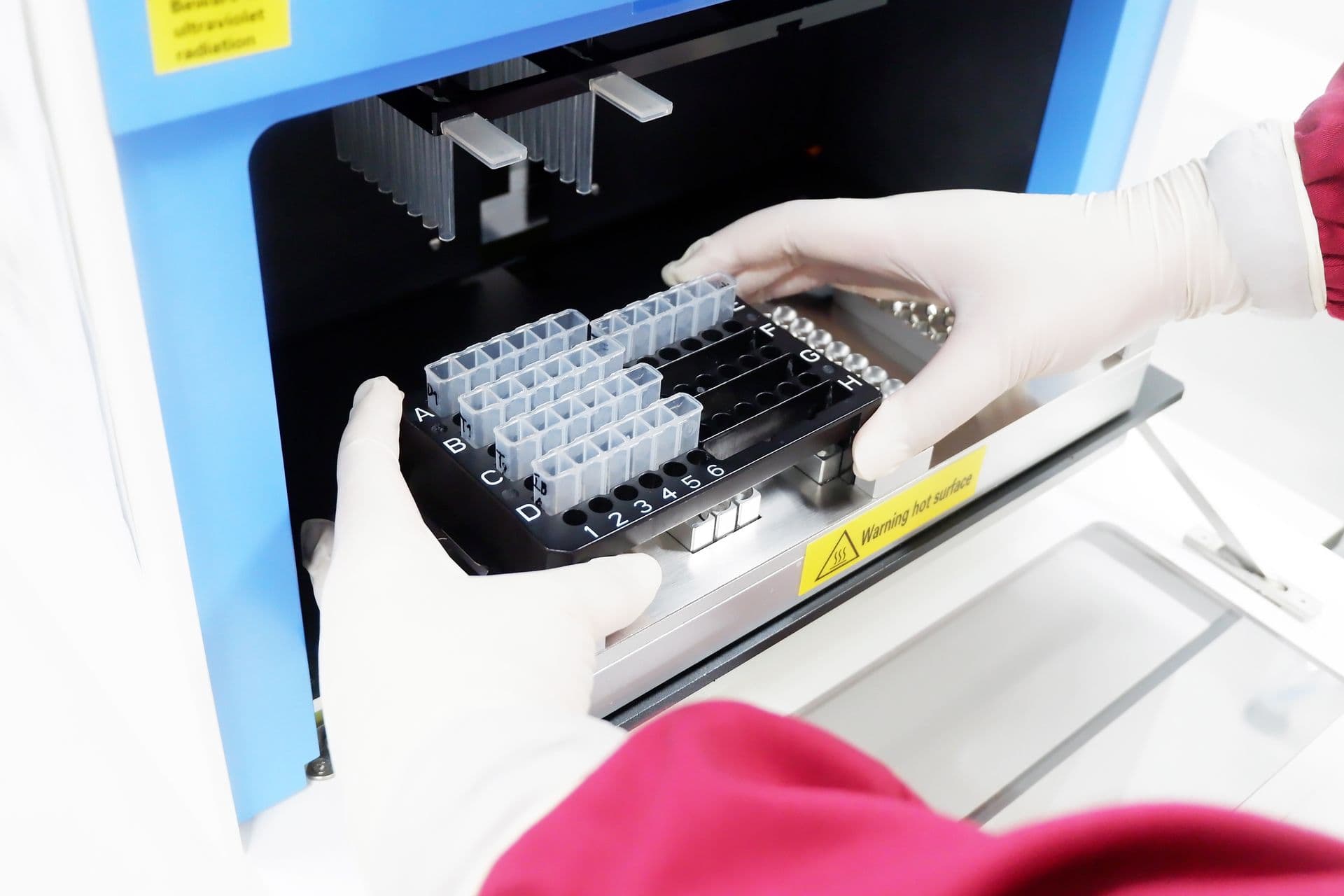 Laboratory staff preparing molecular testing equipment
